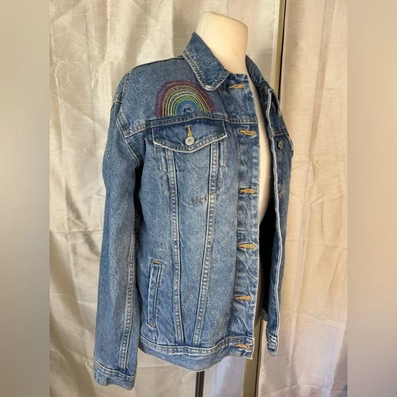 Old Navy Blue Jean Jacket with Colorful Embroidery - Picture 2 of 9